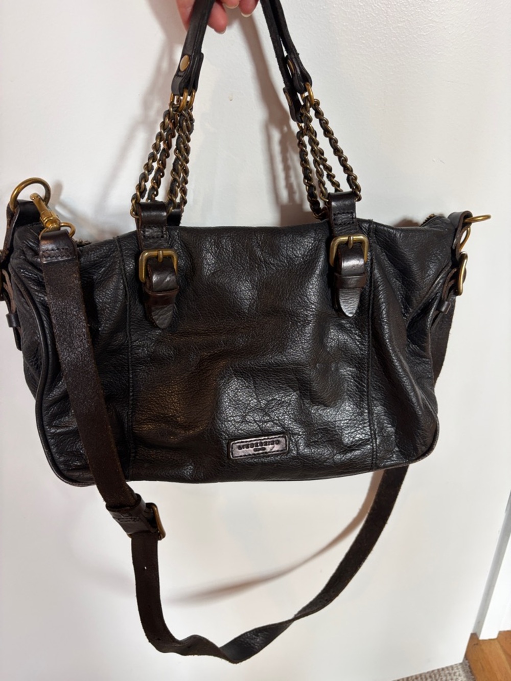 Liebeskind Black Leather Satchel with Chain-Accented Handles w/ crossbody strap